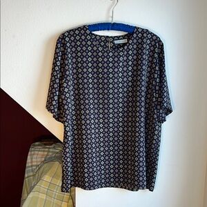 Navy and Cream Patterned‎ Blouse